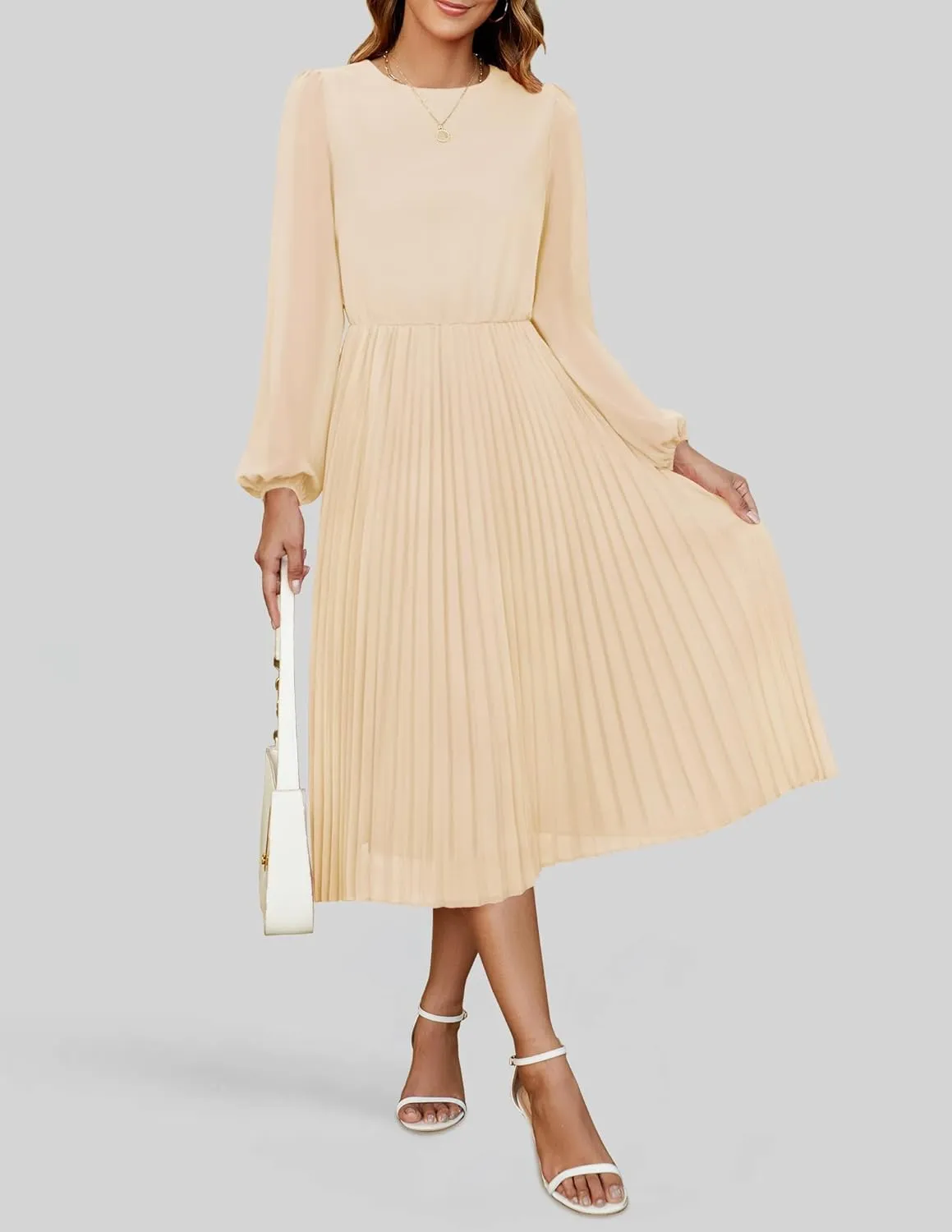 ZESICA Women's Fall Long Sleeve Dresses 2025 Casual Crewneck Chiffon Swing Pleated A Line Cocktail Party Midi Dress