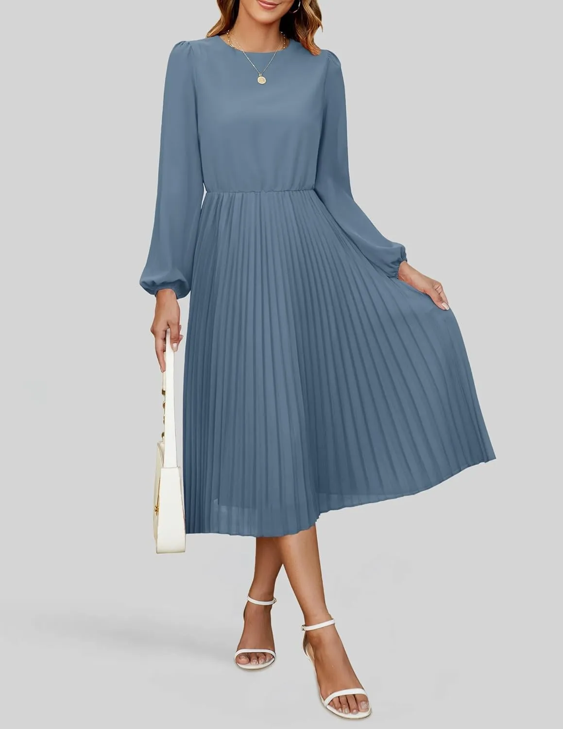 ZESICA Women's Fall Long Sleeve Dresses 2025 Casual Crewneck Chiffon Swing Pleated A Line Cocktail Party Midi Dress