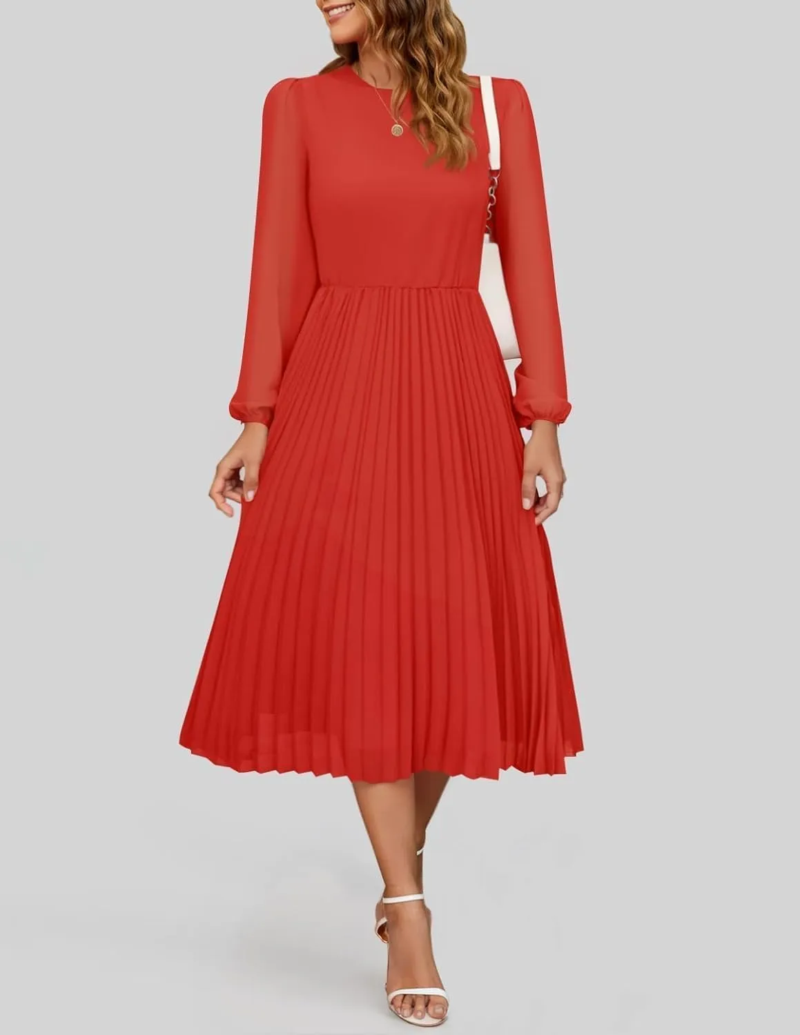 ZESICA Women's Fall Long Sleeve Dresses 2025 Casual Crewneck Chiffon Swing Pleated A Line Cocktail Party Midi Dress