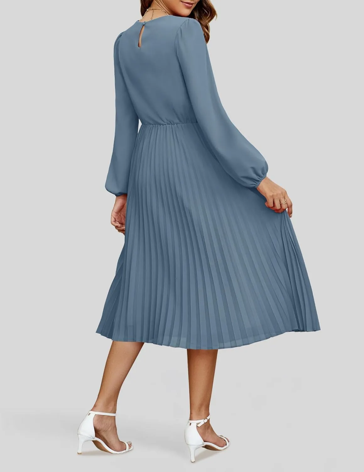 ZESICA Women's Fall Long Sleeve Dresses 2025 Casual Crewneck Chiffon Swing Pleated A Line Cocktail Party Midi Dress