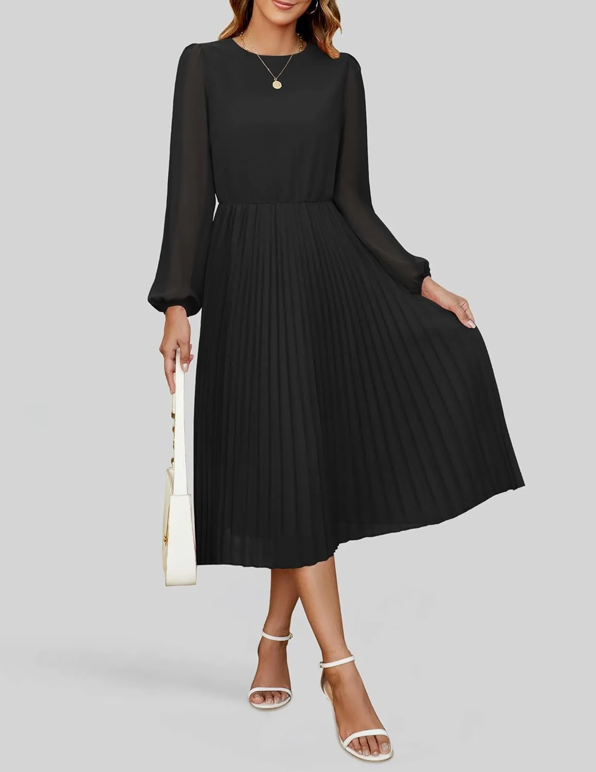 ZESICA Women's Fall Long Sleeve Dresses 2025 Casual Crewneck Chiffon Swing Pleated A Line Cocktail Party Midi Dress