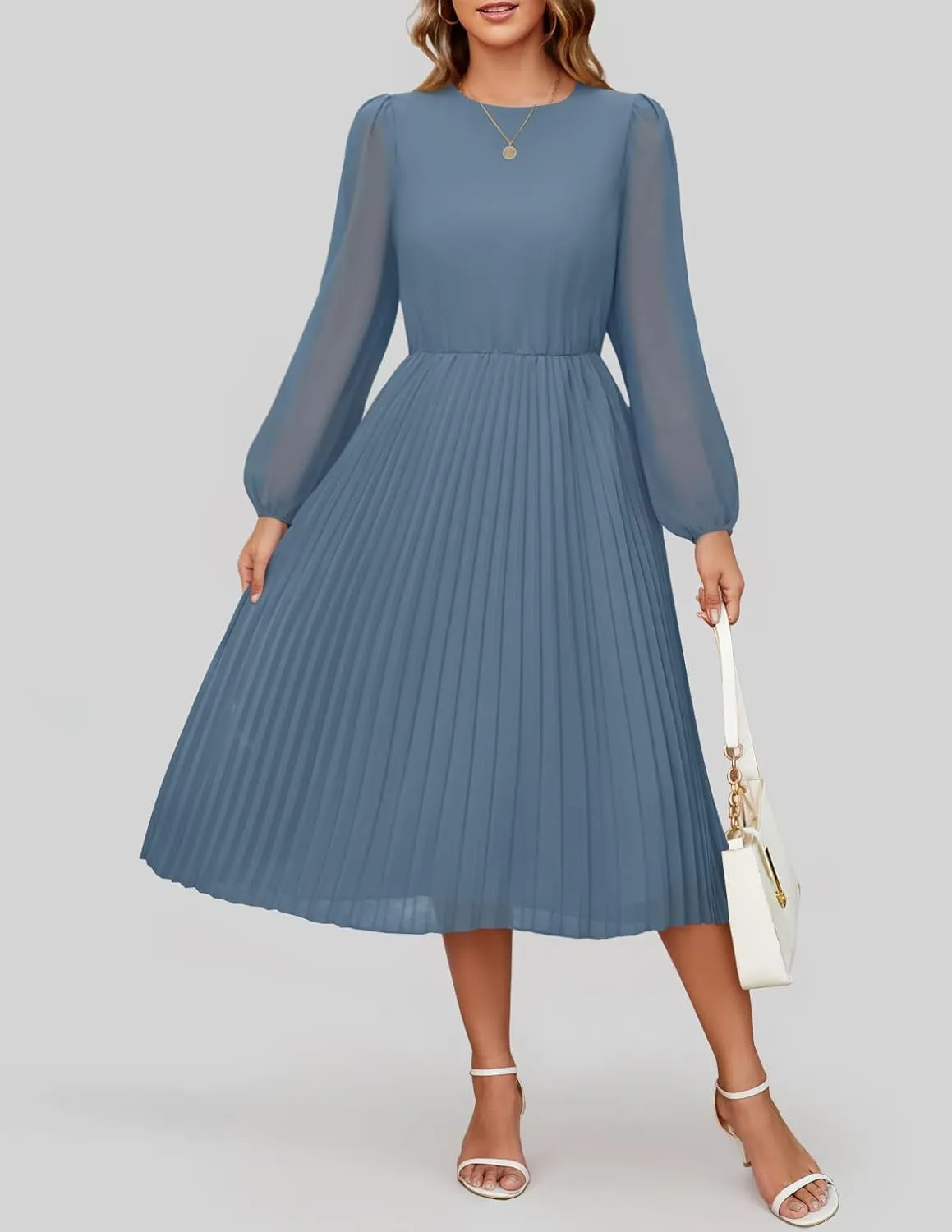 ZESICA Women's Fall Long Sleeve Dresses 2025 Casual Crewneck Chiffon Swing Pleated A Line Cocktail Party Midi Dress