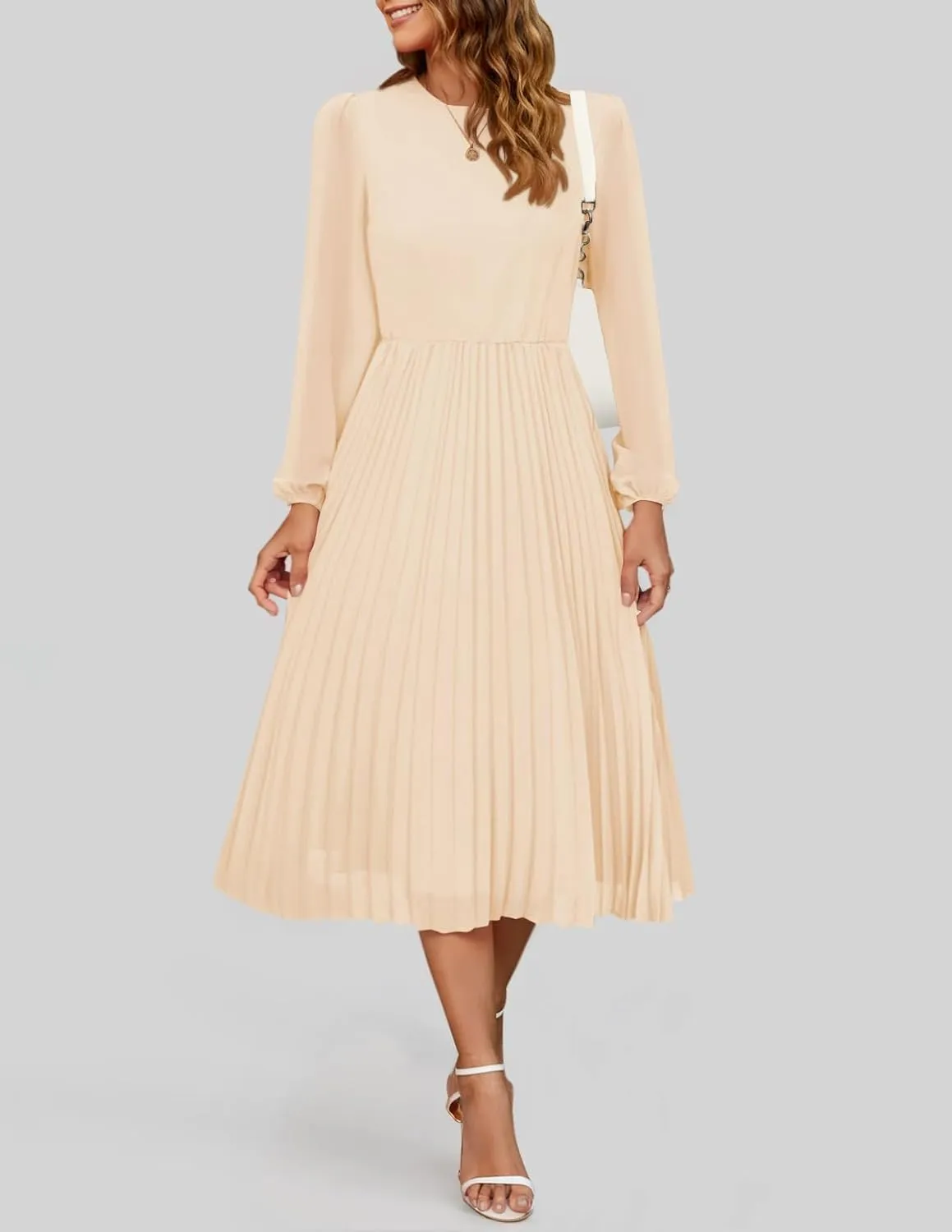 ZESICA Women's Fall Long Sleeve Dresses 2025 Casual Crewneck Chiffon Swing Pleated A Line Cocktail Party Midi Dress