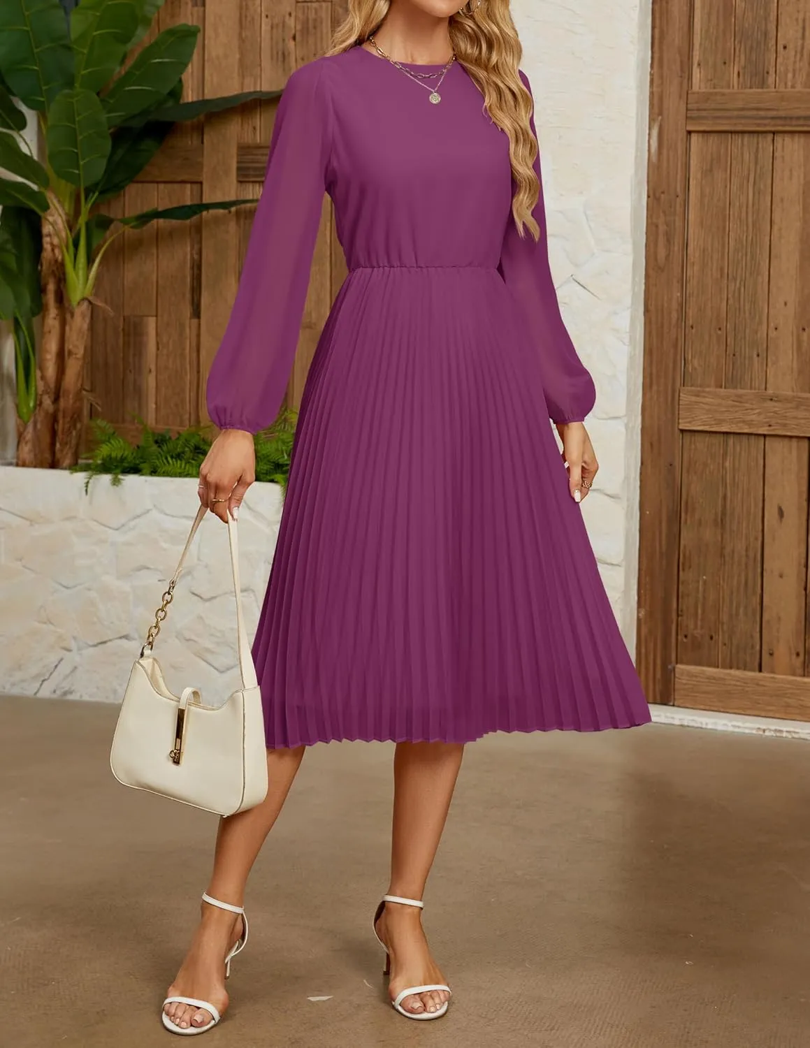 ZESICA Women's Fall Long Sleeve Dresses 2025 Casual Crewneck Chiffon Swing Pleated A Line Cocktail Party Midi Dress