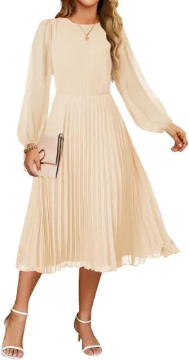 ZESICA Women's Fall Long Sleeve Dresses 2025 Casual Crewneck Chiffon Swing Pleated A Line Cocktail Party Midi Dress