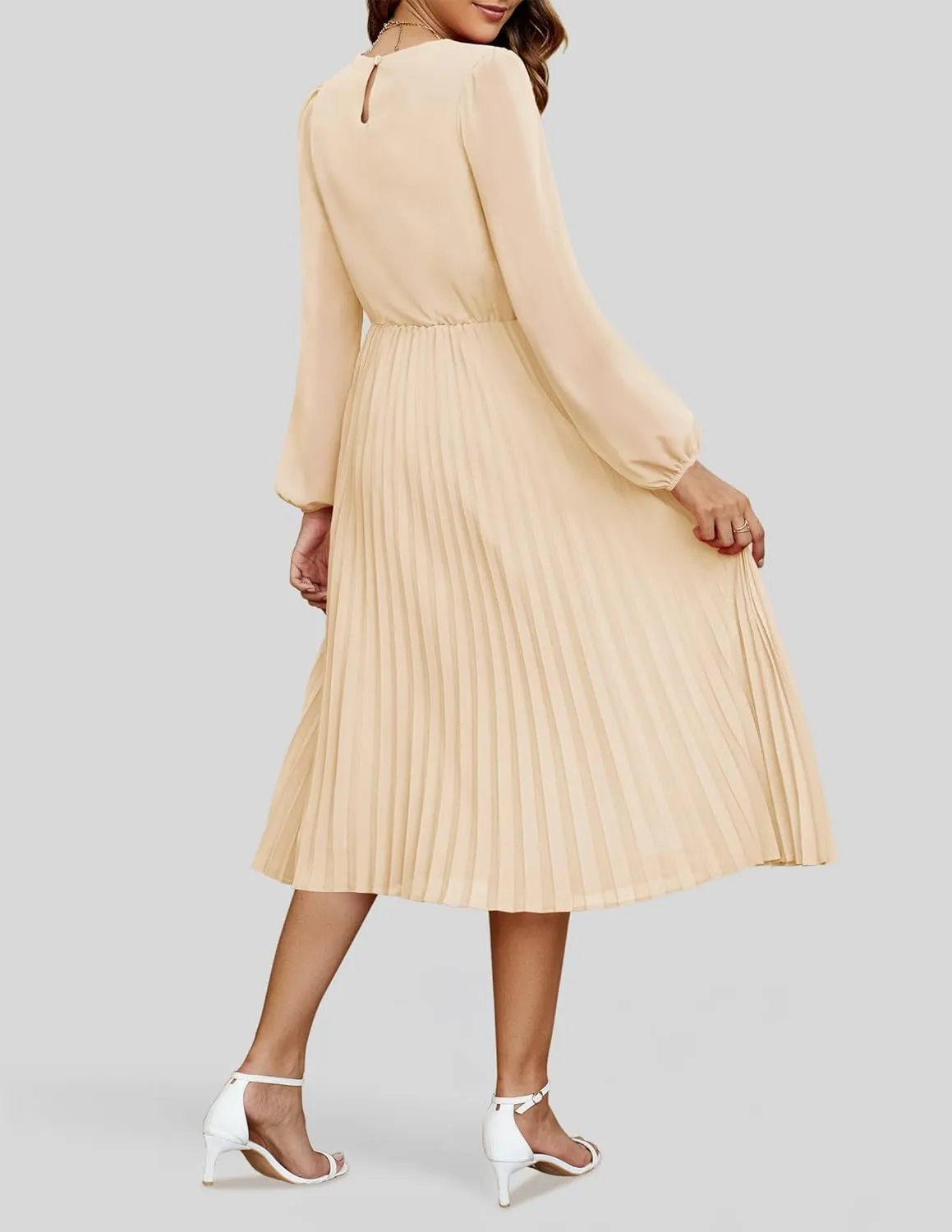 ZESICA Women's Fall Long Sleeve Dresses 2025 Casual Crewneck Chiffon Swing Pleated A Line Cocktail Party Midi Dress