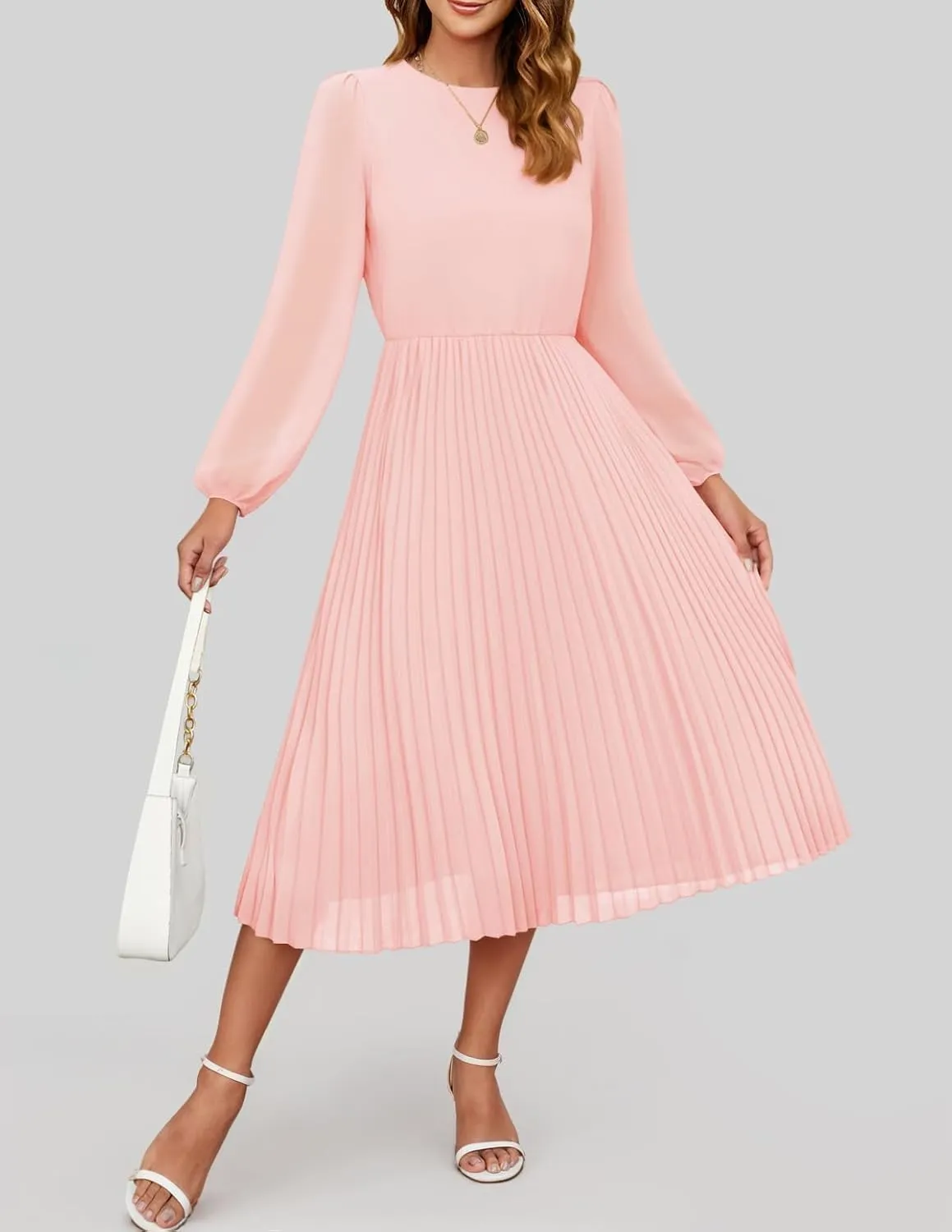 ZESICA Women's Fall Long Sleeve Dresses 2025 Casual Crewneck Chiffon Swing Pleated A Line Cocktail Party Midi Dress