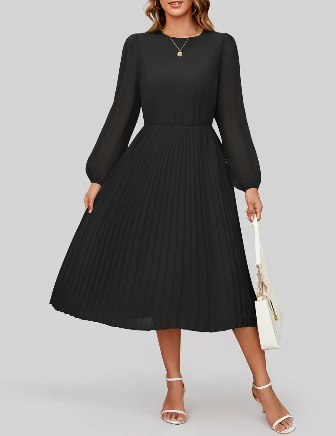 ZESICA Women's Fall Long Sleeve Dresses 2025 Casual Crewneck Chiffon Swing Pleated A Line Cocktail Party Midi Dress