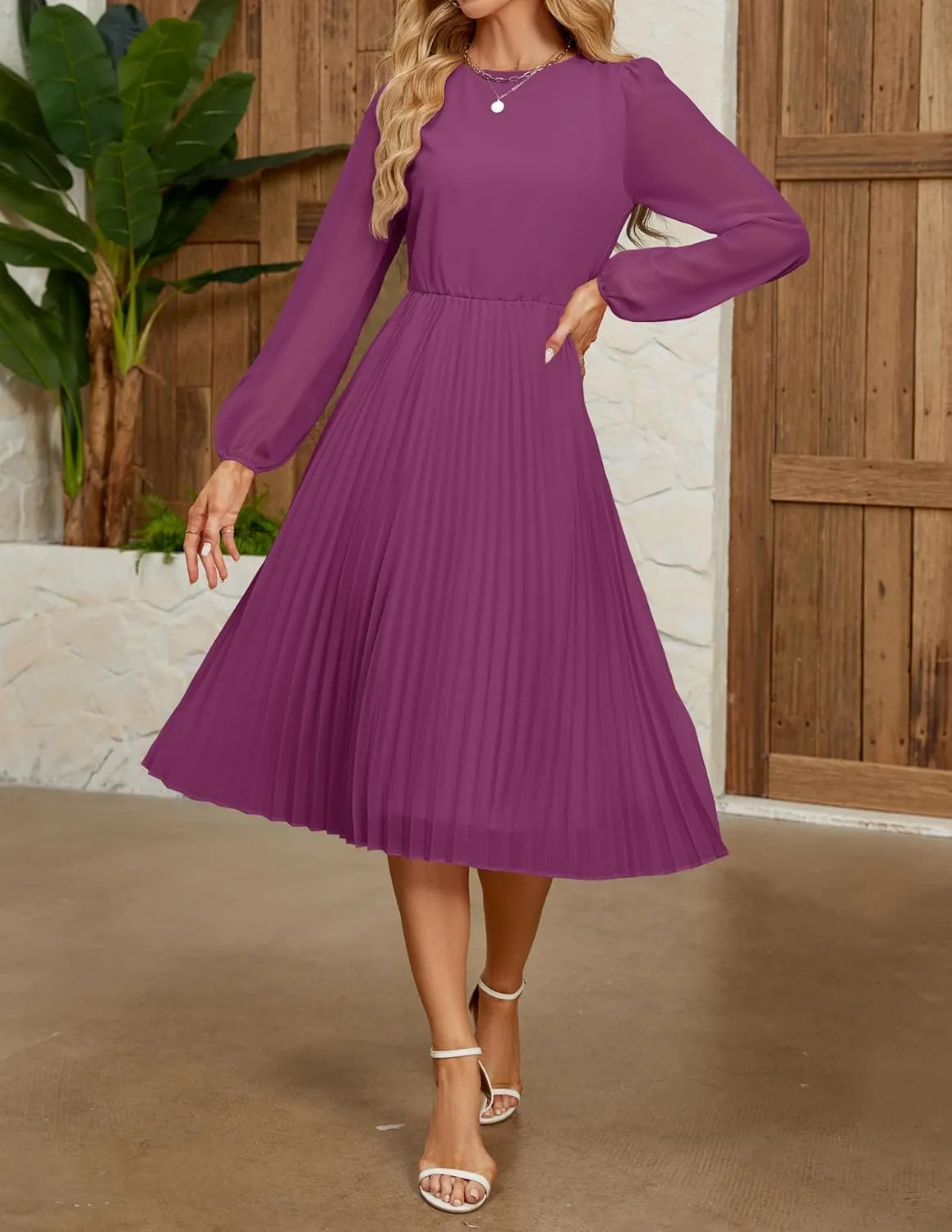ZESICA Women's Fall Long Sleeve Dresses 2025 Casual Crewneck Chiffon Swing Pleated A Line Cocktail Party Midi Dress