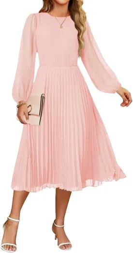 ZESICA Women's Fall Long Sleeve Dresses 2025 Casual Crewneck Chiffon Swing Pleated A Line Cocktail Party Midi Dress