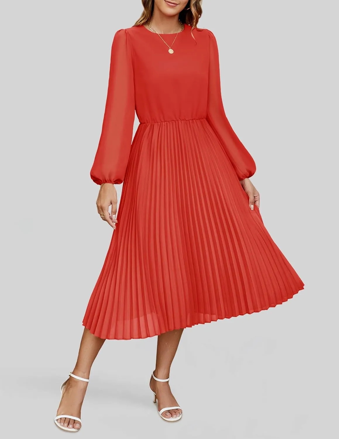 ZESICA Women's Fall Long Sleeve Dresses 2025 Casual Crewneck Chiffon Swing Pleated A Line Cocktail Party Midi Dress