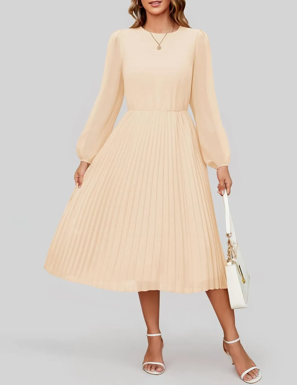 ZESICA Women's Fall Long Sleeve Dresses 2025 Casual Crewneck Chiffon Swing Pleated A Line Cocktail Party Midi Dress