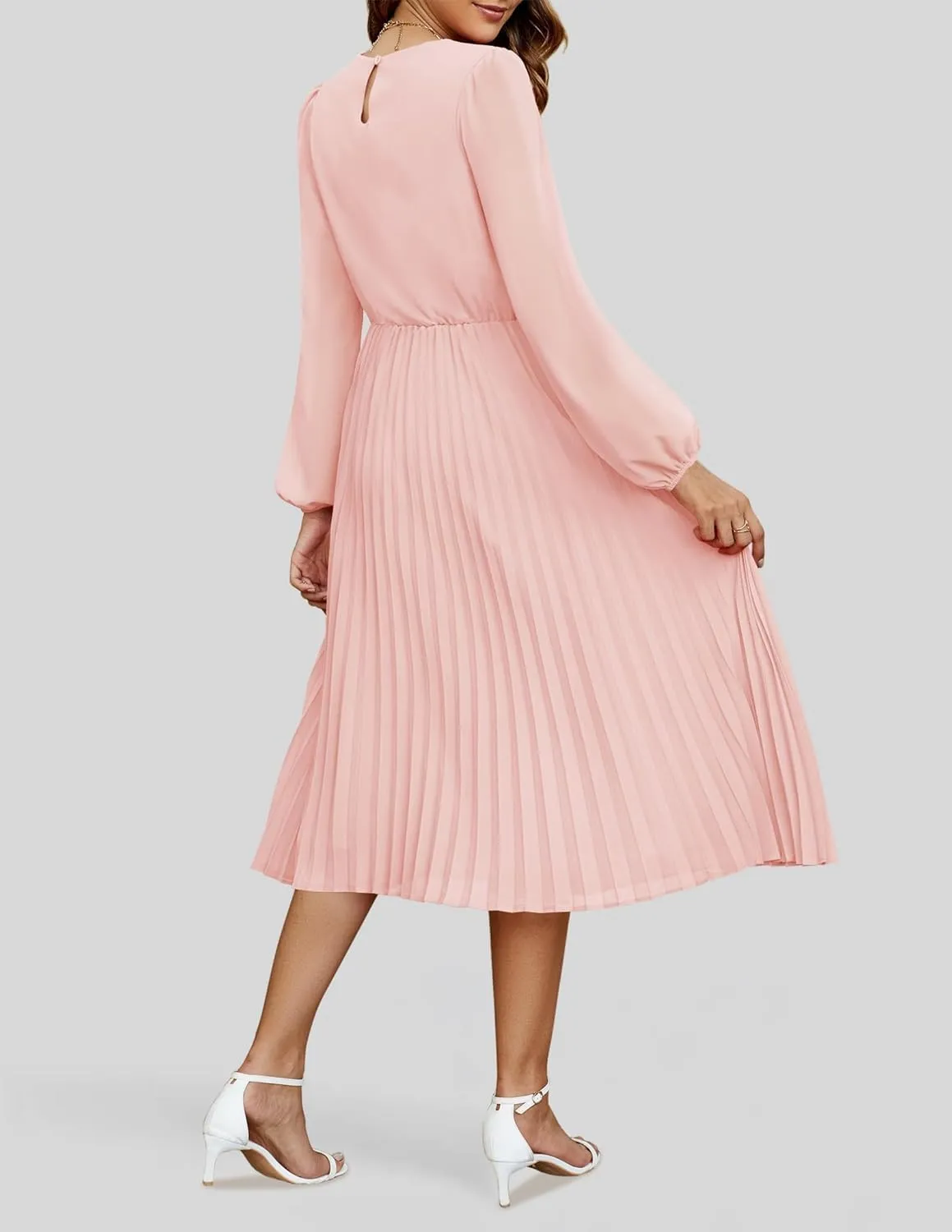 ZESICA Women's Fall Long Sleeve Dresses 2025 Casual Crewneck Chiffon Swing Pleated A Line Cocktail Party Midi Dress