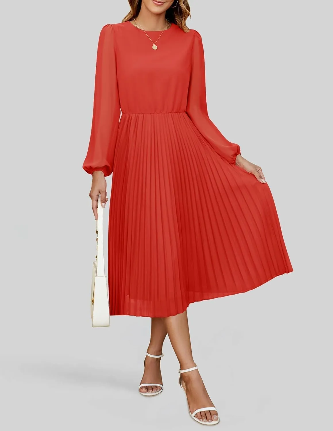 ZESICA Women's Fall Long Sleeve Dresses 2025 Casual Crewneck Chiffon Swing Pleated A Line Cocktail Party Midi Dress
