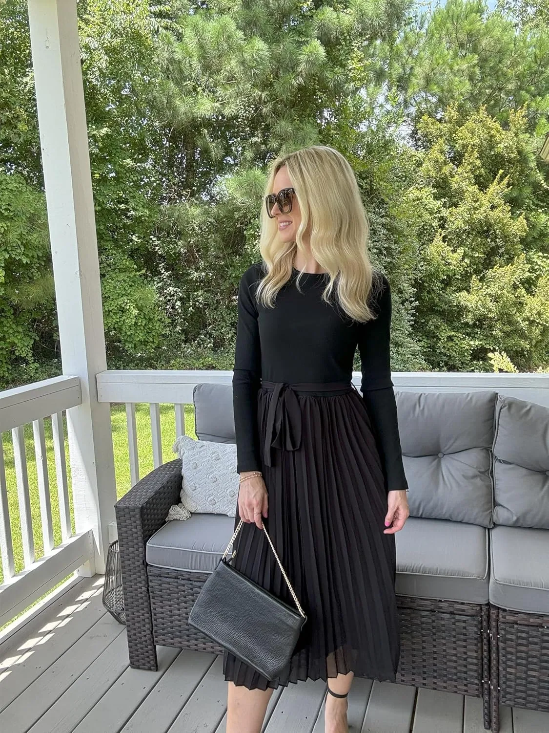 ZESICA Women's Fall Long Sleeve Midi Dress Casual Crewneck Knit Belted Pleated A Line Flowy Party Dresses