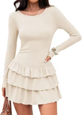 ZESICA Womens Long Sleeve Bodycon Mini Dress Ribbed Knit Crew Neck Ruffle Tiered Flowy Cocktail Party Dresses