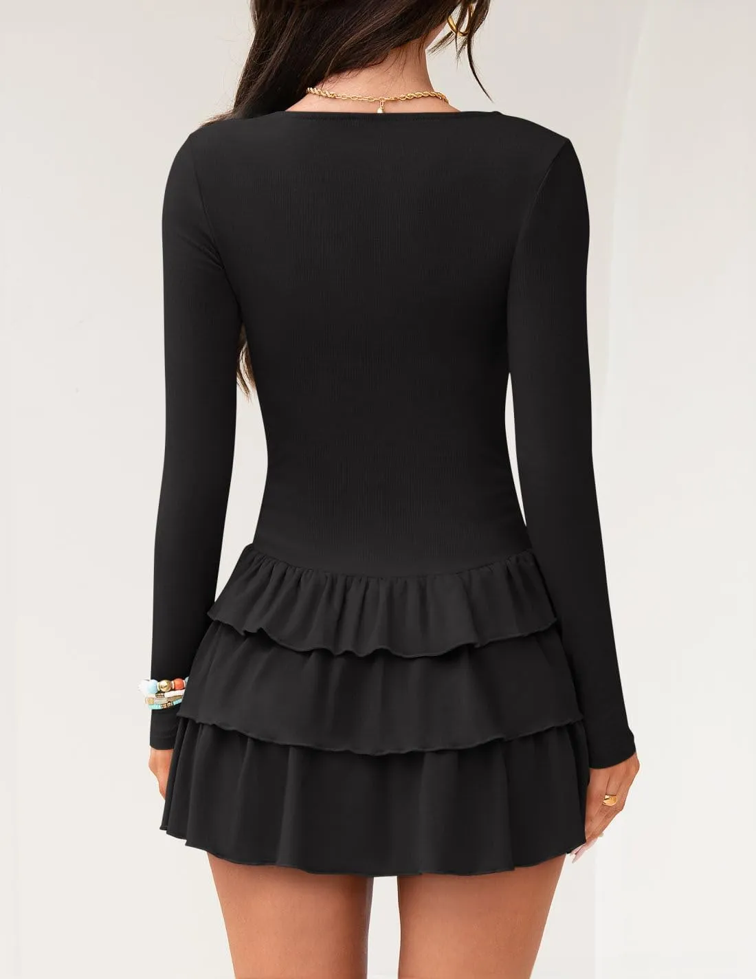 ZESICA Womens Long Sleeve Bodycon Mini Dress Ribbed Knit Crew Neck Ruffle Tiered Flowy Cocktail Party Dresses
