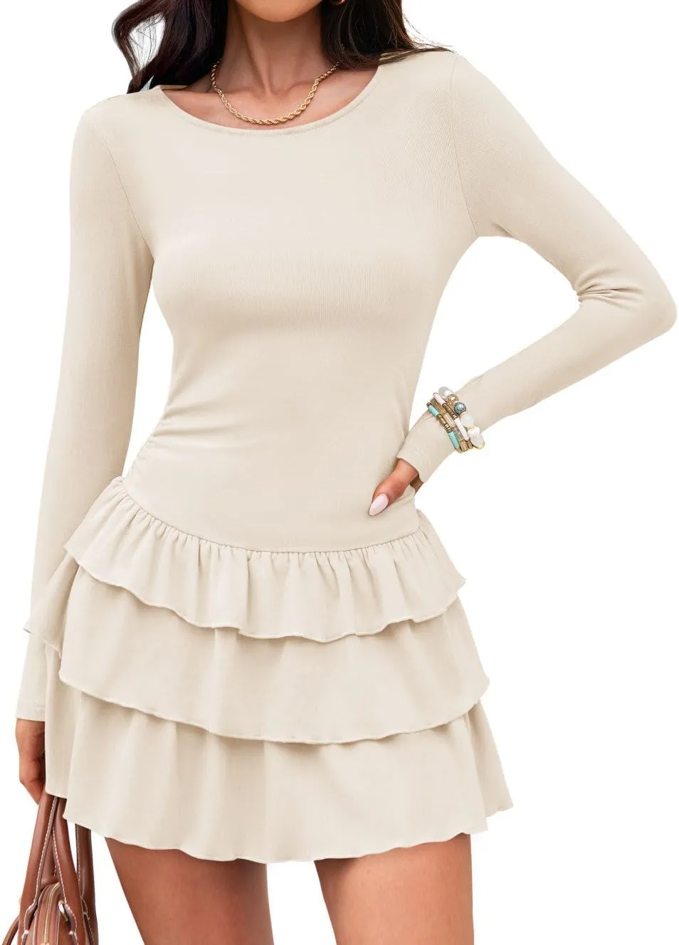 ZESICA Womens Long Sleeve Bodycon Mini Dress Ribbed Knit Crew Neck Ruffle Tiered Flowy Cocktail Party Dresses
