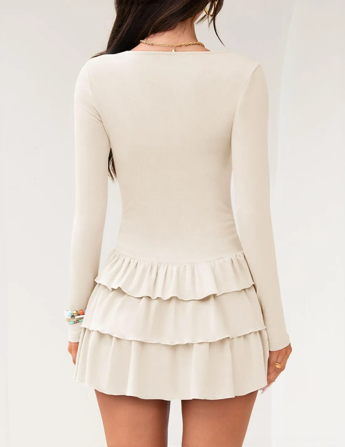 ZESICA Womens Long Sleeve Bodycon Mini Dress Ribbed Knit Crew Neck Ruffle Tiered Flowy Cocktail Party Dresses