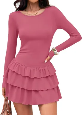 ZESICA Womens Long Sleeve Bodycon Mini Dress Ribbed Knit Crew Neck Ruffle Tiered Flowy Cocktail Party Dresses