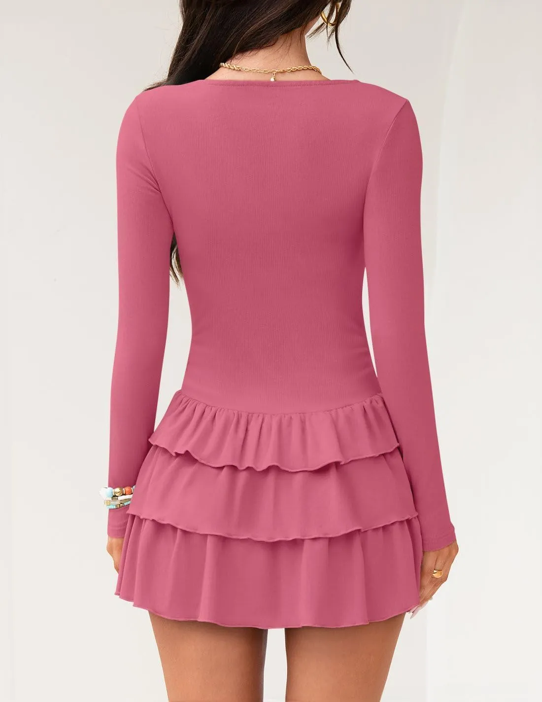 ZESICA Womens Long Sleeve Bodycon Mini Dress Ribbed Knit Crew Neck Ruffle Tiered Flowy Cocktail Party Dresses