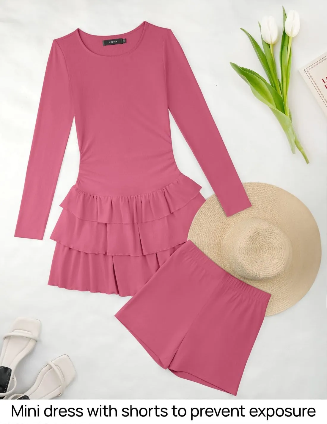 ZESICA Womens Long Sleeve Bodycon Mini Dress Ribbed Knit Crew Neck Ruffle Tiered Flowy Cocktail Party Dresses