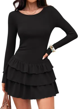 ZESICA Womens Long Sleeve Bodycon Mini Dress Ribbed Knit Crew Neck Ruffle Tiered Flowy Cocktail Party Dresses