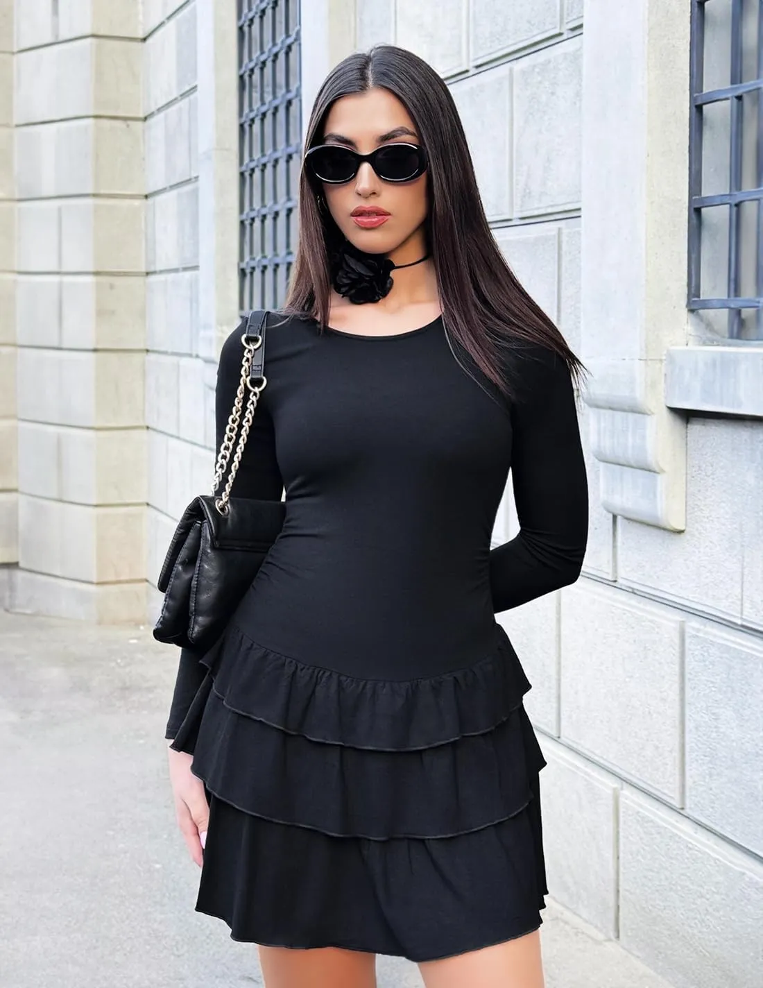 ZESICA Womens Long Sleeve Bodycon Mini Dress Ribbed Knit Crew Neck Ruffle Tiered Flowy Cocktail Party Dresses