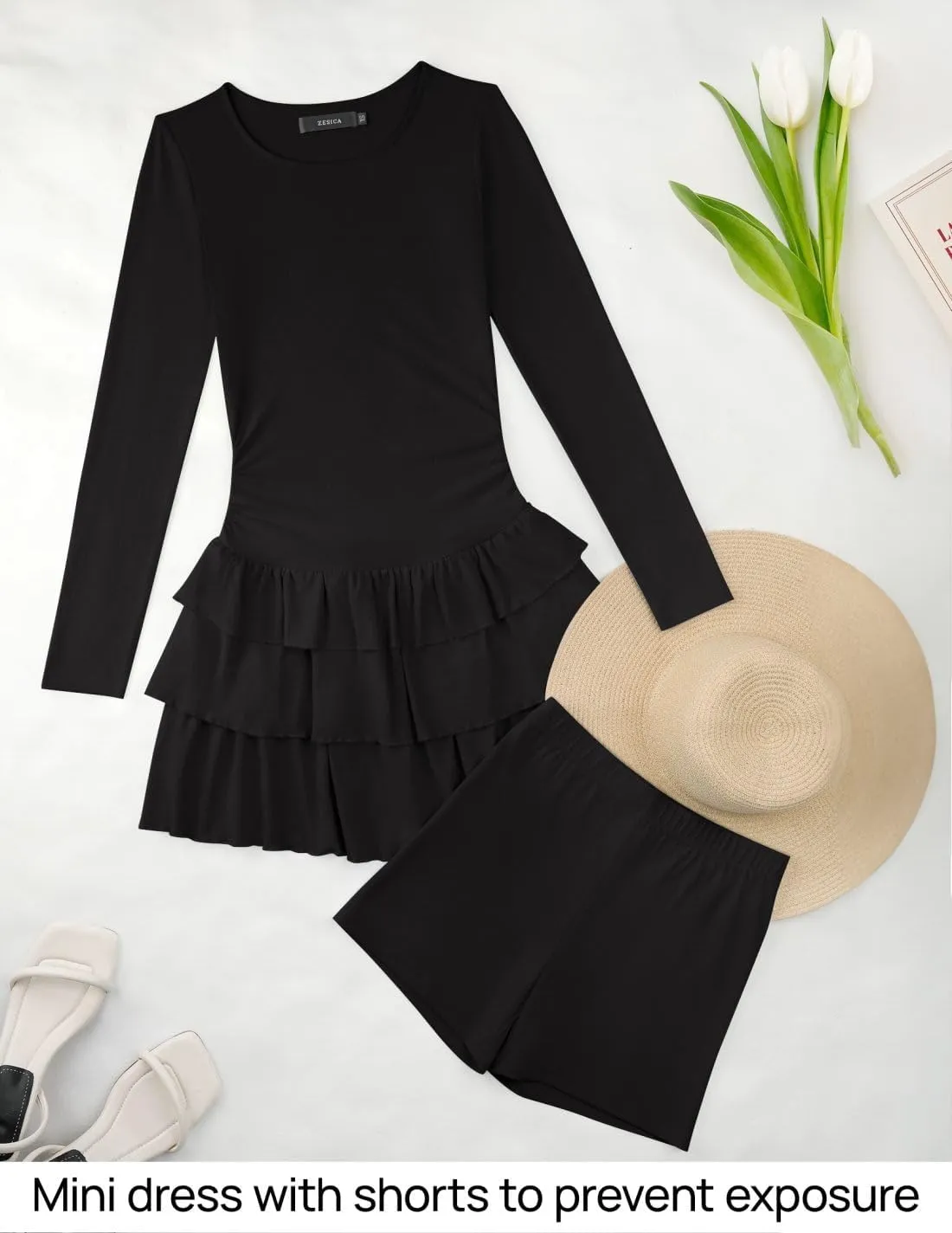 ZESICA Womens Long Sleeve Bodycon Mini Dress Ribbed Knit Crew Neck Ruffle Tiered Flowy Cocktail Party Dresses