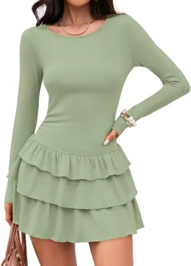 ZESICA Womens Long Sleeve Bodycon Mini Dress Ribbed Knit Crew Neck Ruffle Tiered Flowy Cocktail Party Dresses