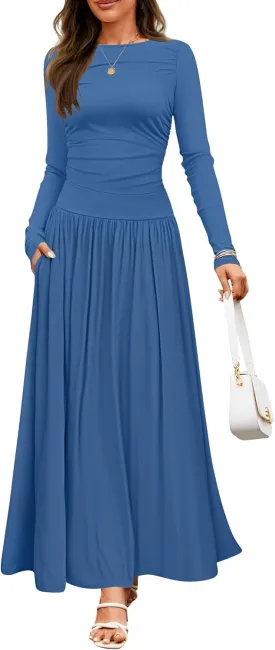 ZESICA Women's Long Sleeve Spring Maxi Dress 2025 Crewneck Knit Casual Slim Swing Pleated Dresses with Pockets