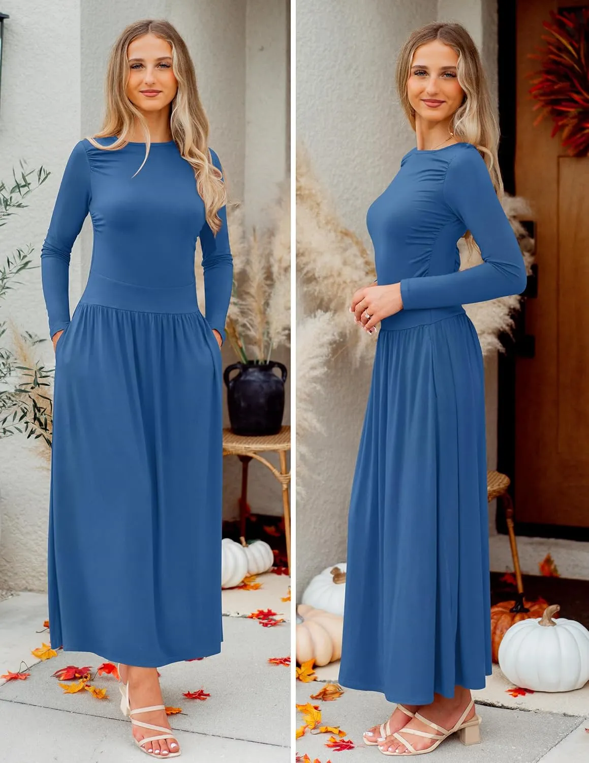ZESICA Women's Long Sleeve Spring Maxi Dress 2025 Crewneck Knit Casual Slim Swing Pleated Dresses with Pockets