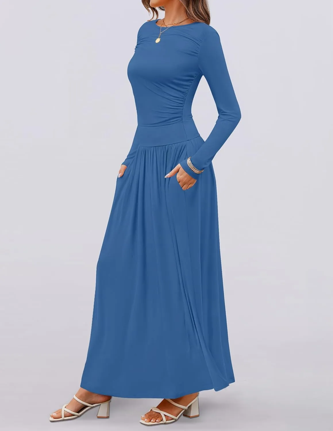 ZESICA Women's Long Sleeve Spring Maxi Dress 2025 Crewneck Knit Casual Slim Swing Pleated Dresses with Pockets