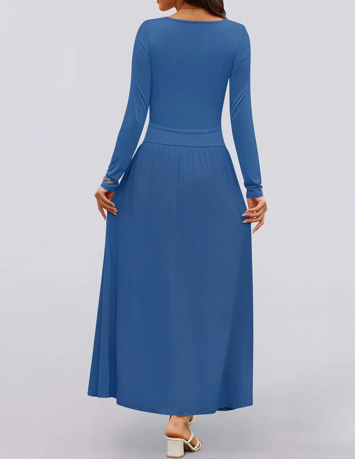 ZESICA Women's Long Sleeve Spring Maxi Dress 2025 Crewneck Knit Casual Slim Swing Pleated Dresses with Pockets