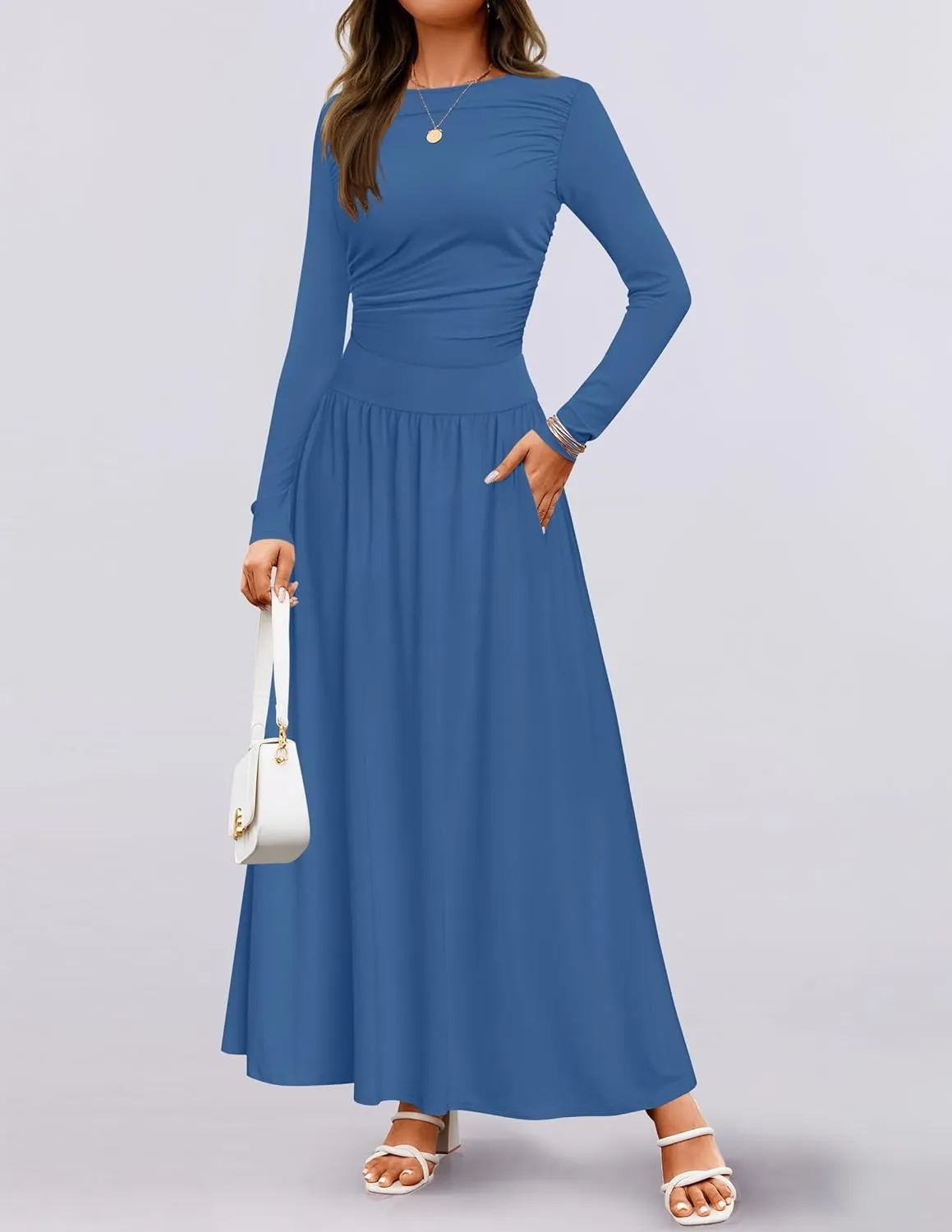 ZESICA Women's Long Sleeve Spring Maxi Dress 2025 Crewneck Knit Casual Slim Swing Pleated Dresses with Pockets