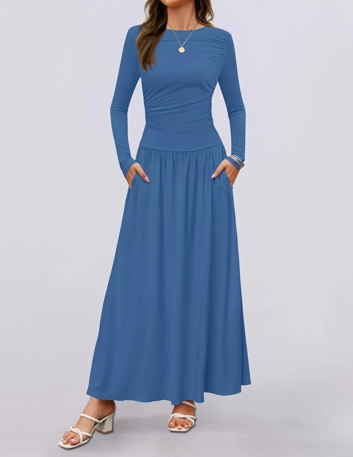 ZESICA Women's Long Sleeve Spring Maxi Dress 2025 Crewneck Knit Casual Slim Swing Pleated Dresses with Pockets