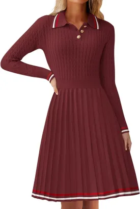 ZESICA Women's Midi Sweater Dress 2025 Spring Long Sleeve Cable Ribbed Knit A Line Swing Pleated Dresses