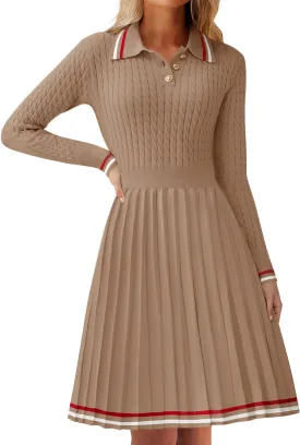 ZESICA Women's Midi Sweater Dress 2025 Spring Long Sleeve Cable Ribbed Knit A Line Swing Pleated Dresses